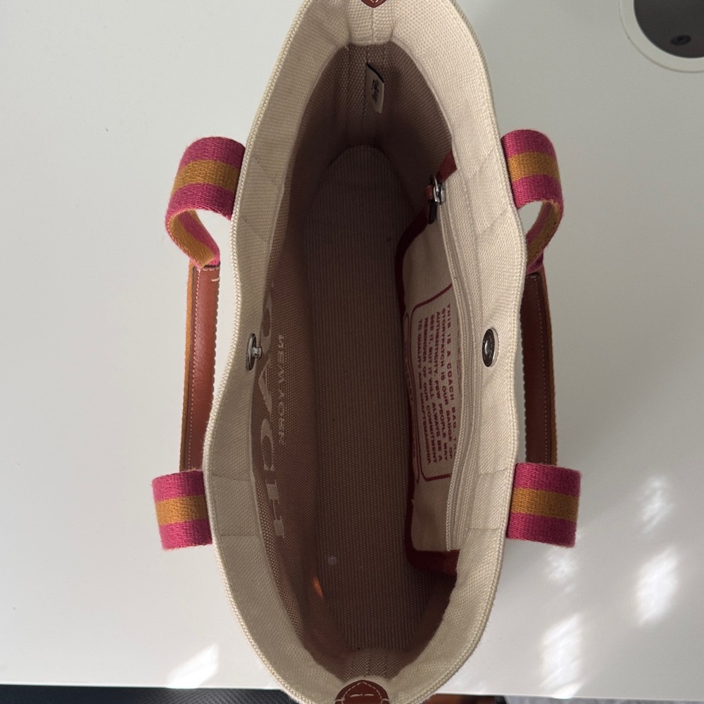 Coach Canvas Tote in Cream with Brown Logo and Striped Tan/Maroon Handles - Picture 3 of 4
